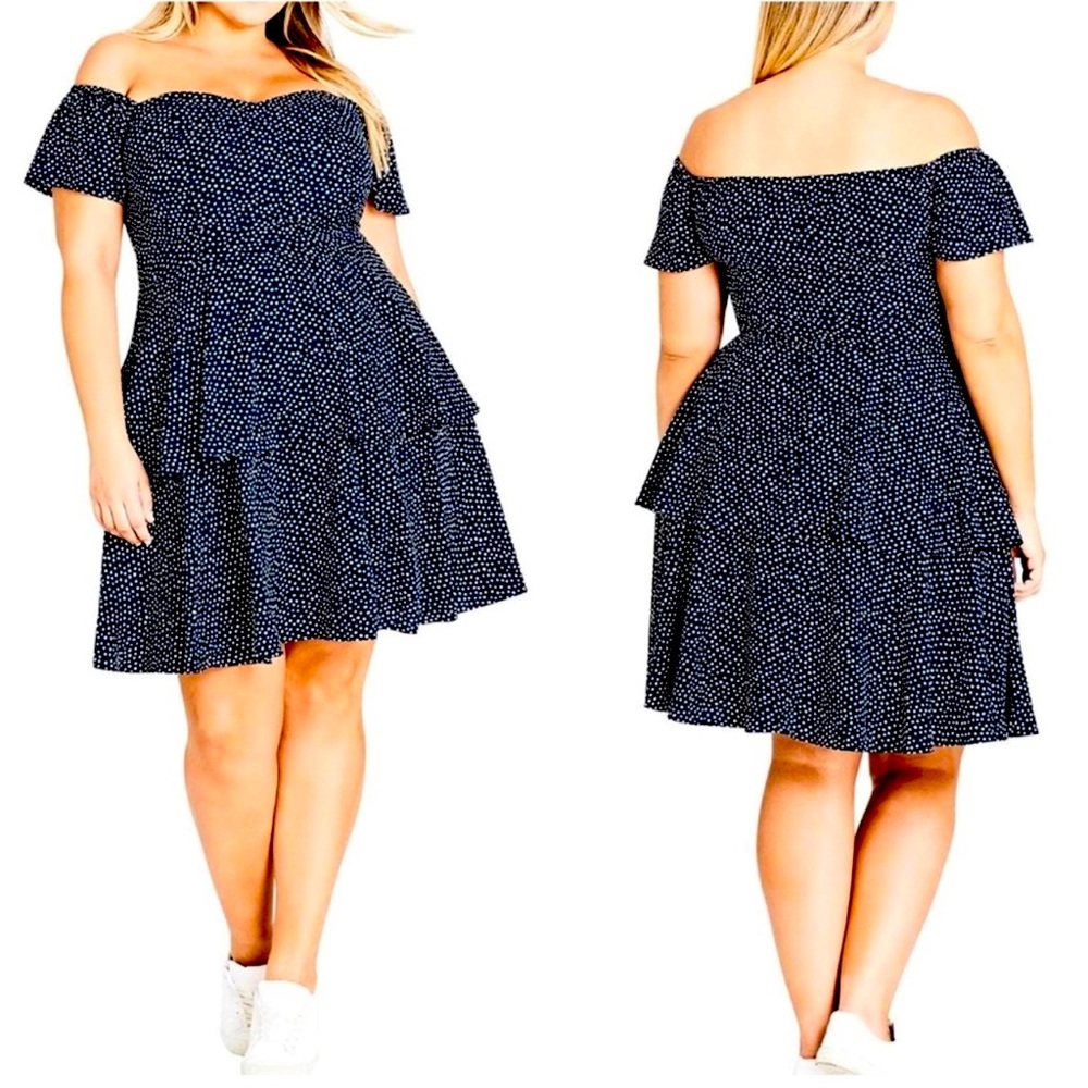 City Chic Flirty Spot Dress Polka Dot Off Shoulder Blue White Sweetheart Tiered